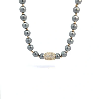 Afbeelding van Zilvergrijze parel ketting afgewisseld met goudkleurige kraaltjes en een bedel strass