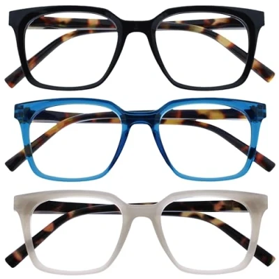 Afbeelding van OPULIZE KOI Leesbrillen 3 Pack Groot Rechthoekig Montuur Zwart Blauw Grijs Heren Dames Veerscharnieren RRR50 137 +2.00