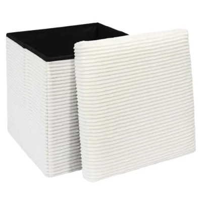 Afbeelding van Home Deco Factory Poef/hocker opvouwbaar rib design opbergbox wit polyester/mdf 38 x cm
