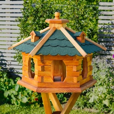 Afbeelding van Deko Shop Hannusch Vogelhuis naar keuze met standaard en solarverlichting, verschillende maten L XXL dakkleuren mogelijk, voederhuis voedersilo weerbestendig bitumendak, hout, V16