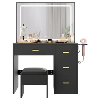 Afbeelding van YITAHOME Make uptafel met spiegel, kaptafel 4 laden, verlichting, stopcontact, zwart (make uptafel, kaptafel, cosmeticatafel, vanity tafel)