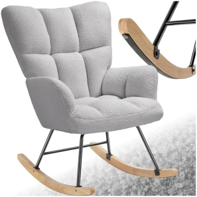 Afbeelding van tectake® Schommelstoel Torve Gestoffeerde Bouclé Stof in Scandi Stijl Relaxstoel met Houten Glijders, Zachte Bekleding en Hoge Rugleuning voor Optimaal Comfort 70 x 96 97 cm Lichtgrijs
