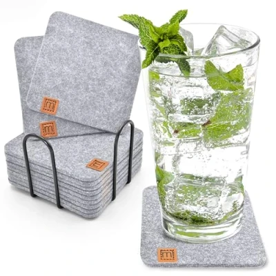 Afbeelding van Miqio® Onderzetters, vilt, design, vierkant, duurzaam, Oekotex, voor glazen, kaarsen, kopjes, bar, tafeldecoratie, set van 12 stuks met houder, lichtgrijs