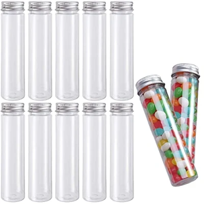 Afbeelding van 10 Stuks Doorzichtige Plastic Reageerbuizen, Platte Reageerbuis, Reageerbuizen voor Bloemen met Schroefdop, Snoep, en Woonaccessoires (110 ml)