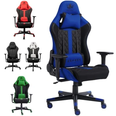 Afbeelding van KRAKEN CHAIRS gamingstoel, stof, bureaustoel, in hoogte verstelbaar, draaistoel, ergonomische gamerstoel, verstelbare 3D armleuning, lendenkussen, hoofdsteun, zwart blauw