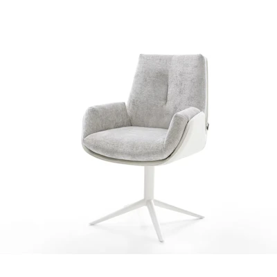 Afbeelding van DELIFE Draaistoel Clea Flex materiaalmix echt leer wit zilver grijs kruispoot 360 draaibaar rocker functie
