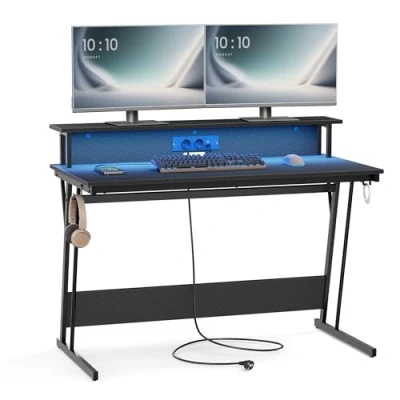 Afbeelding van VASAGLE gamingbureau met LED en stekkerdoos, gamertafel, computerbureau schermverhoger, voor 2 computers, slaapkamer, 60 x 120 76 cm, carbonzwart LWD192B02