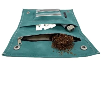 Afbeelding van Tabakstas used Leather touch tabakszak voor draaitabak met vakken filter vloeitjes aansteker (2.) turquoise double)