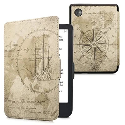 Afbeelding van kwmobile E reader hoesje geschikt voor Kobo Clara 2E hoes flip case met magnetische sluiting Ereader cover Vintage Travel design in bruin / lichtbruin