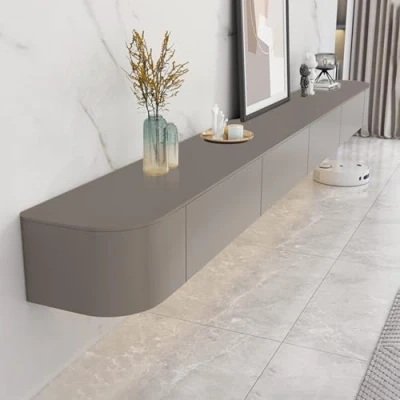 Afbeelding van Ribanedy Moderne Zwevende TV meubel, Wandgemonteerde Massief Houten kast met Opslag, Mediaconsole voor Woonkamer en Slaapkamer (Khaki, 240 cm)