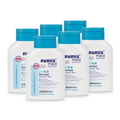 Afbeelding van numis med douchegel ph 5.5 kalmerende voor zeer gevoelige en huid veganistische verzorging zonder siliconen, parabenen minerale olie (6 x 200 ml)