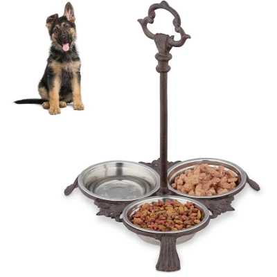 Afbeelding van Relaxdays 3x voerbak hond met standaard hondenbak gietijzer antiek 3 eetbakjes van rvs