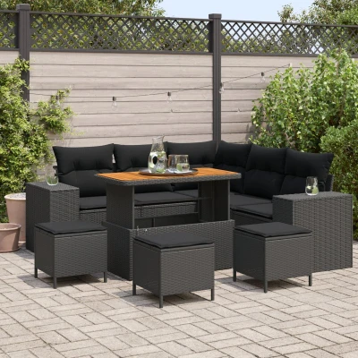 Afbeelding van vidaXL 9 delige Tuin Sofa Set met Kussens Zwart Poly Riet Acacia, 4 Eet Acacia