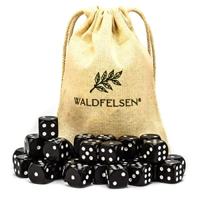 Afbeelding van Waldfelsen 6, 12, 20, 30 of 50 hoogwaardige dobbelstenen, standaardformaat, 16 mm, acryldobbelstenen, speeldobbelstenen, 6 zijdig, zeszijdig speelaccessoireset met stoffen zak (zwart,