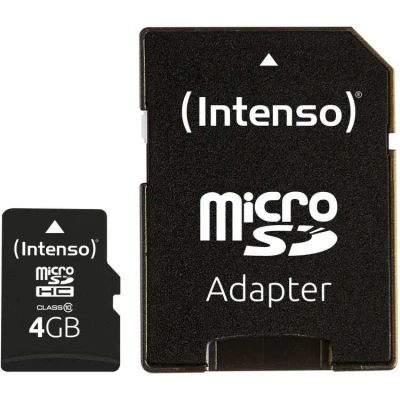 Afbeelding van Intenso microSDHC kaart 4 GB, klasse 10 (R) 25 MB/s, (W) SD adapter, blisterverpakking