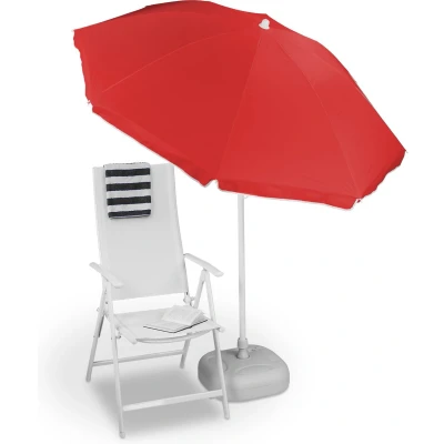 Afbeelding van Relaxdays parasol, Ø 180 cm, in de hoogte verstelbaar, kantelbaar, polyester, staal, voor balkon, tuin, strand, rood