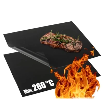 Afbeelding van COM FOUR® 2x BBQ grillmat van Teflon hittebestendige ovenmat antiaanbakgrillfolie grill en bakmat herbruikbaar, op maat gesneden, vaatwasmachinebestendig (2 stuks zwart)