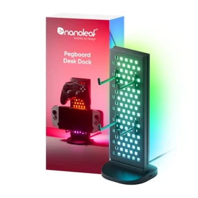 Afbeelding van Nanoleaf Pegboard bureau dock, 3 in 1 RGBIC tafellamp met controller/hoofdtelefoonhouder, dubbelzijdige lichteffecten, USB C gaming muziek &amp; screen synchroniseren via desktop app, sfeerlamp