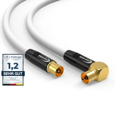 Afbeelding van RedStar24 Antennekabel, 2 m, wit, stekker tot 90 haakse bus coax, premium HDTV coaxkabel voor kabeltelevisie, tv kabel: compatibel met TV, radio, DVB T/T2, C, DAB