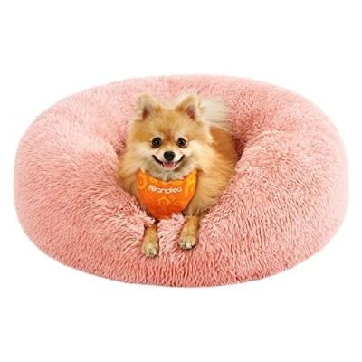 Afbeelding van Feandrea Fluffy hondenmand, kattenmand, donutkussen, wasbaar, verwijderbare middenvulling, lang pluche, 60 cm diameter, roze PGW038P01