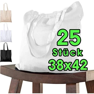 Afbeelding van 25 stuks katoenen tas 38 x 42 cm, Wit, onbedrukt, t lang handvat stoffen draagtas schoudertas jute ÖKO TEX® getest, voor schilderen gemaakt van katoen