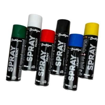 Afbeelding van Bastelzone Spuitverf set: 6 kleuren elk 200 ml. Sneldrogende graffiti spuitbussen voor hout, steen, metaal, glas. Zwart, wit, blauw, groen, rood, geel