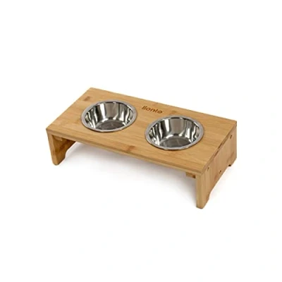 Afbeelding van lionto verhoogde hondenbak voederbak voor honden voederbar van bamboe huisdieren 2 roestvrijstalen bakken antislip, (S) 40x20x10 cm