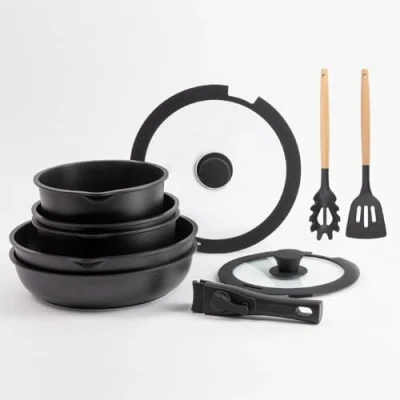 Afbeelding van Bergner Click&amp;Cook Kookgerei met Uittrekbare Handgreep 2 Koekenpannen, Sauspannen, 1 Frituurpan, Deksels en Keukengerei Van Gegoten Aluminium Zwarte Marmeren Anti aanbaklaag