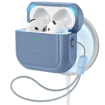 Afbeelding van ESR Beschermhoes voor AirPods 4 (2024), compatibel met van de 4e generatie (USB C), MagSafe, valbescherming trekkoord, magneetdeksel, Orbit serie, donkerblauw