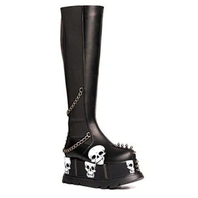 Afbeelding van LAMODA Eerie Knee High Chunky Wedge Boots, EU 38, Black Pu Skull, 38