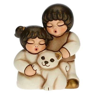 Afbeelding van THUN Figuur wieg paar kinderen met kat kerstdecoratie huis lijn wieg, witte variant keramiek 5,5 x 4 6,5 cm