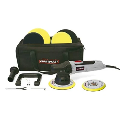 Afbeelding van Dino KRAFTPAKET 640296 Excentrische polijstmachine, 9 mm 650 W, traploos in een set, 150 mm, steunschijf, 125 160 polijstspons, polijstschijf, tas voor auto, boot, grijs
