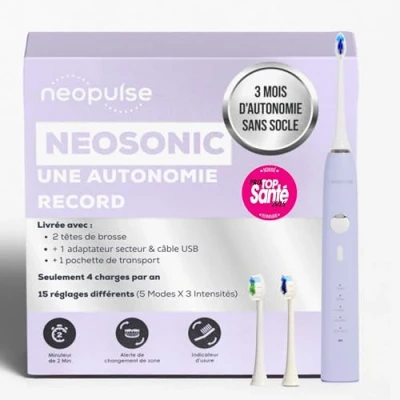 Afbeelding van NEOPULSE® NEOSONIC® Elektrische tandenborstel met geluidstechnologie + 2 opzetborstels USB oplaadbaar 3 maanden batterijduur 15 instellingen timer compatibel NEOKIDS lila