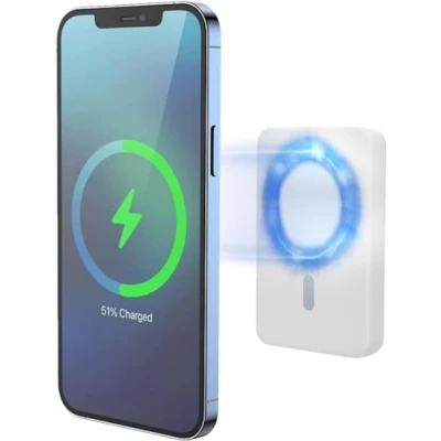 Afbeelding van XtremeMac Magsafe Powerbank 5000 mAh, magnetische externe batterij voor iPhone 15/14/13/12 serie, USB C en draadloze powerbank, snel opladen, Mini Power Bank PD 15W, krachtig, wit
