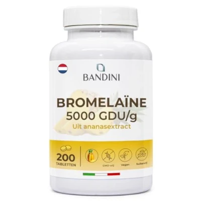 Afbeelding van Bandini® Bromelaïne Sterk Drainage 5000 GDU/g 200 maagresistente Tabletten Natural Pineapple Enzyme 100% Vegan &amp; High Dose Detox Spijsverteringsenzymsupplement Bevordert de Spijsvertering