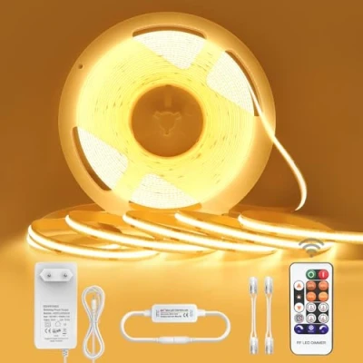 Afbeelding van COB LED Strip Warm wit 10M, LichtStrip IP44 Waterdicht, Dimbaar 24V met Timerfunctie RF Afstandsbediening en voeding, CRI90+ Bright Unit Light voor TV, Keuken, Slaapkamer Decoratie