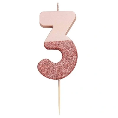 Afbeelding van Roze Goud Glitter Nummer 3 kaars Premium kwaliteit taarttopper decoratie Mooi, sprankelend voor kinderen, volwassenen, 30e verjaardagsfeestje, jubileum, mijlpaal