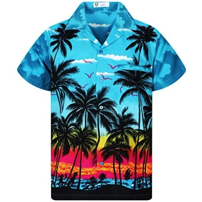 Afbeelding van V.H.O. Funky Hawaïhemd heren korte mouwen voorzak Hawaii print strand palmen diverse kleuren, Beach turquoise, L