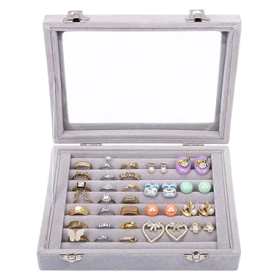 Afbeelding van Kurtzy Grijs Velours Ring Sieraden Opslag Display Doos Tray met 7 Slots en een Deksel Vertoon Organizer Bak Houder Helder Transparant Glazen Voor Ringen, Oorbellen Armbanden
