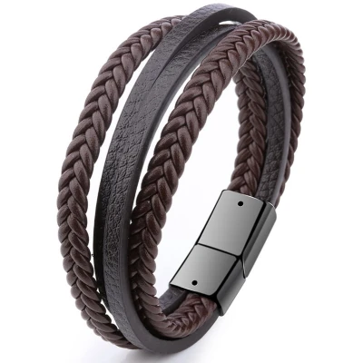 Afbeelding van Armband Heren Bruin Leer met Zwarte Sluiting Dubbele Vlecht Armbanden Cadeau voor Man Mannen Cadeautjes