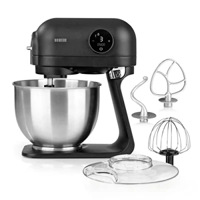 Afbeelding van N8WERK Midnight Edition Keukenmachine, garde, kneedhaak en roerhaak, spatbescherming met vulopening, roestvrijstalen kom van 5 liter, 6 snelheden, 1200 watt, digitaal display