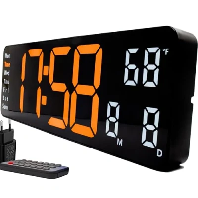 Afbeelding van Opis klok 1 XL oranje/wit: digitale wandklok met temperatuurweergave, de grote lichtgevende led zonder tikkend geluid