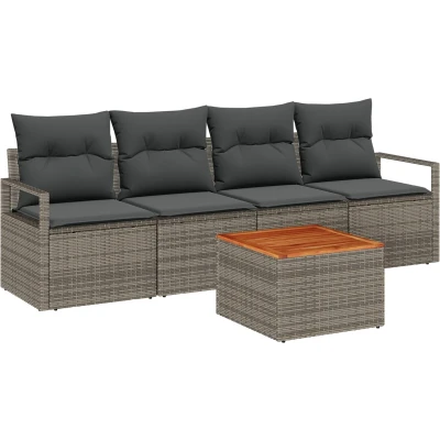 Afbeelding van vidaXL 5 Delig Tuinbankstel met Kussens Grijs Poly Rattan Acacia