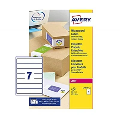 Afbeelding van Avery L7202 Zelfklevende omwikkelbare etiketten, laserprinters, 7 etiketten per A4 vel, 280 wit