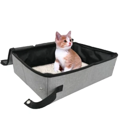 Afbeelding van waterdichte kattenbak, draagbaar kattentoilet, draagbare opvouwbare kattenbak van Oxford stof, voor reizen, buiten, park, thuis (grijs)