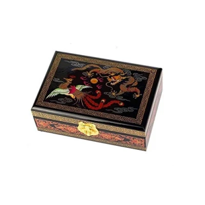 Afbeelding van lachineuse Sieradendoos met keizerlijk motief opbergdoos van gelakt hout feniks en draak traditionele Aziatische decoratie geschenkdoos voor dames decoratief object Chinees cadeau idee