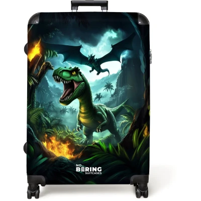 Afbeelding van NoBoringSuitcases.com® Koffer groot Reiskoffer lichtgewicht Dinosaurus en draak in vurige junglevallei Rolkoffer met 4 wielen Grote trolley XL 98 liter bagage
