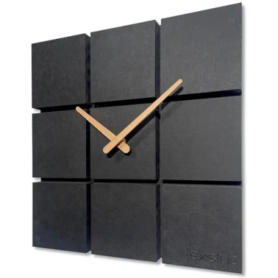 Afbeelding van FLEXISTYLE wandklok modern Harmony hout eiken vierkant zwart zonder tikkend geluid badkamer woonkamer jeugdkamer (zwart, 30cm)