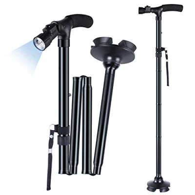 Afbeelding van Wandelstok, Ohuhu opvouwbare wandelstok met 45 verstelbare LED verlichting en draagtas voor mannen vrouwen, hoogtes, stevig licht, draagbaar, cadeau vaders moeders