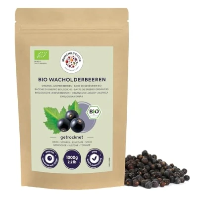 Afbeelding van biologische gedroogde jeneverbessen 1kg van Munchilycious, hele jeneverbessen, ongezoete om te koken en drinken, natuurlijk veganistisch
